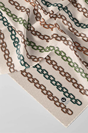 Twill Zincir Desenli Bej - Vizon Renkli 90x90 Eşarp (İpek İçermez) Kenar Dikiş Şekli El Dikişli