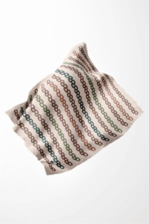 Twill Zincir Desenli Bej - Vizon Renkli 90x90 Eşarp (İpek İçermez) Kenar Dikiş Şekli El Dikişli