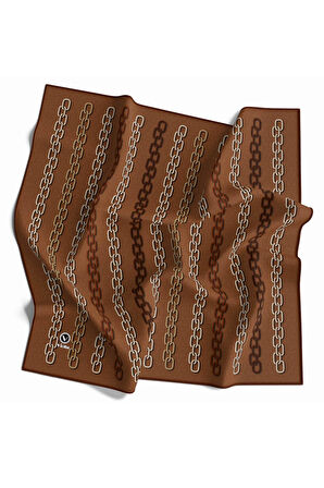 Twill Zincir Desenli Taba Renkli 90x90 Eşarp (İpek İçermez) Kenar Dikiş Şekli El Dikişli
