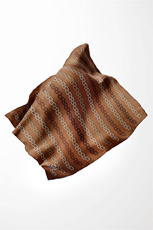 Twill Zincir Desenli Taba Renkli 90x90 Eşarp (İpek İçermez) Kenar Dikiş Şekli El Dikişli