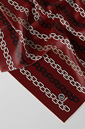 Twill Zincir Desenli Bordo Renkli 90x90 Eşarp (İpek İçermez) Kenar Dikiş Şekli El Dikişli
