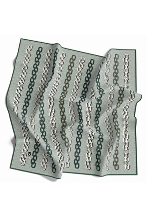 Twill Zincir Desenli Koyu Mint Yeşili Renkli 90x90 Eşarp (İpek İçermez) Kenar Dikiş Şekli El Dikişli