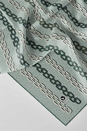 Twill Zincir Desenli Koyu Mint Yeşili Renkli 90x90 Eşarp (İpek İçermez) Kenar Dikiş Şekli El Dikişli