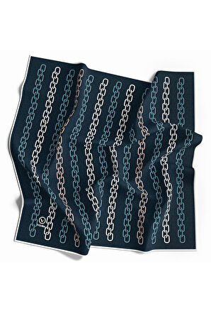 Twill Zincir Desenli Petrol Mavisi Renkli 90x90 Eşarp (İpek İçermez) Kenar Dikiş Şekli El Dikişli