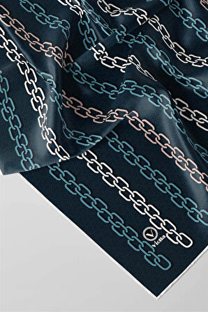 Twill Zincir Desenli Petrol Mavisi Renkli 90x90 Eşarp (İpek İçermez) Kenar Dikiş Şekli El Dikişli