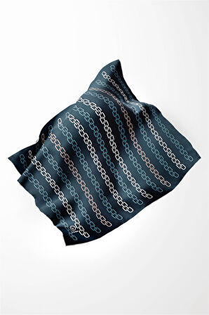 Twill Zincir Desenli Petrol Mavisi Renkli 90x90 Eşarp (İpek İçermez) Kenar Dikiş Şekli El Dikişli