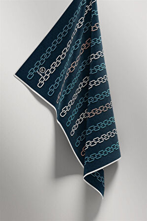 Twill Zincir Desenli Petrol Mavisi Renkli 90x90 Eşarp (İpek İçermez) Kenar Dikiş Şekli El Dikişli