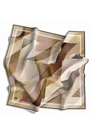 Twill Dokulu Ve Geometrik Desenli Bej Renkli 90x90 Eşarp (İpek İçermez) Kenar Dikiş Şekli El Dikişli