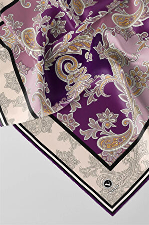 Kristal Şal Desenli Mor Renkli 90x90 Eşarp (İpek İçermez) Kenar Dikiş Şekli El Dikişli