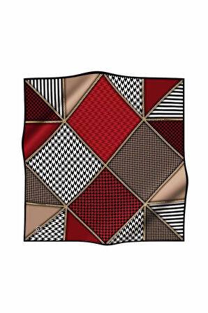 Twil Geometrik Ve Kazayak Desenli Bordo Renkli 90x90 Eşarp (İpek İçermez) Dikim Şekli : El Dikişi