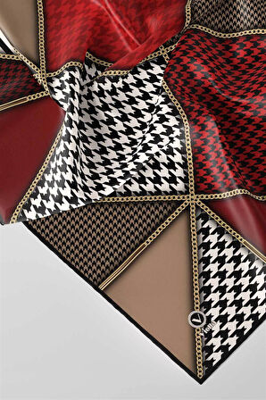 Twil Geometrik Ve Kazayak Desenli Bordo Renkli 90x90 Eşarp (İpek İçermez) Dikim Şekli : El Dikişi