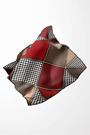 Twil Geometrik Ve Kazayak Desenli Bordo Renkli 90x90 Eşarp (İpek İçermez) Dikim Şekli : El Dikişi