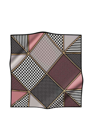 Twil Geometrik Ve Kazayak Desenli Pudra - Gri Renkli 90x90 Eşarp (İpek İçermez) Dikim Şekli : El Dikişi