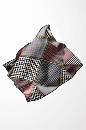 Twil Geometrik Ve Kazayak Desenli Pudra - Gri Renkli 90x90 Eşarp (İpek İçermez) Dikim Şekli : El Dikişi