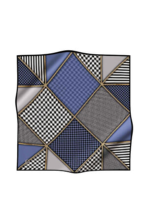 Twil Geometrik Ve Kazayak Desenli İndigo Renkli 90x90 Eşarp (İpek İçermez) Dikim Şekli : El Dikişi