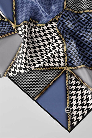 Twil Geometrik Ve Kazayak Desenli İndigo Renkli 90x90 Eşarp (İpek İçermez) Dikim Şekli : El Dikişi