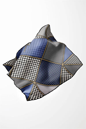 Twil Geometrik Ve Kazayak Desenli İndigo Renkli 90x90 Eşarp (İpek İçermez) Dikim Şekli : El Dikişi