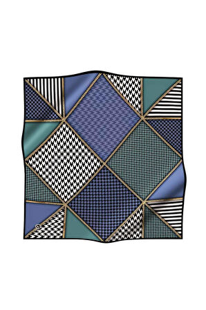 Twil Geometrik Ve Kazayak Desenli İndigo - Petrol Yeşili Renkli 90x90 Eşarp (İpek İçermez) Dikim Şekli : El Dikişi