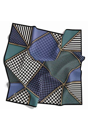 Twil Geometrik Ve Kazayak Desenli İndigo - Petrol Yeşili Renkli 90x90 Eşarp (İpek İçermez) Dikim Şekli : El Dikişi