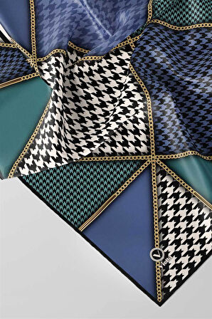 Twil Geometrik Ve Kazayak Desenli İndigo - Petrol Yeşili Renkli 90x90 Eşarp (İpek İçermez) Dikim Şekli : El Dikişi