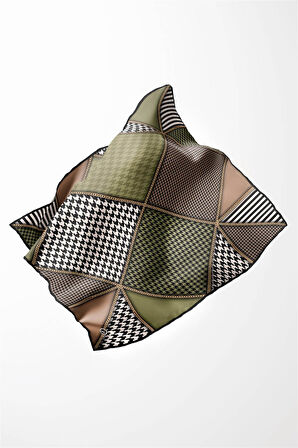Twil Geometrik Ve Kazayak Desenli Haki Renkli 90x90 Eşarp (İpek İçermez) Dikim Şekli : El Dikişi