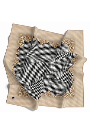 Soft Bordürlü Barok Çerçeveli Kazayağı Desenli Bej Renkli 90x90 Eşarp (İpek İçermez) Kenar Dikiş Şekli El Dikişli