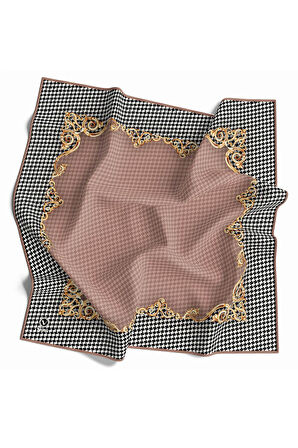 Soft Bordürlü Barok Çerçeveli Kazayağı Desenli Pudra Renkli 90x90 Eşarp (İpek İçermez) Kenar Dikiş Şekli El Dikişli