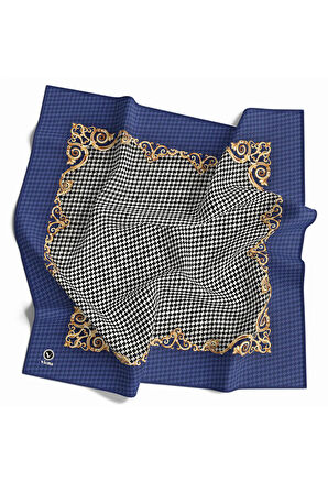 Soft Bordürlü Barok Çerçeveli Kazayağı Desenli İndigo Renkli 90x90 Eşarp (İpek İçermez) Kenar Dikiş Şekli El Dikişli