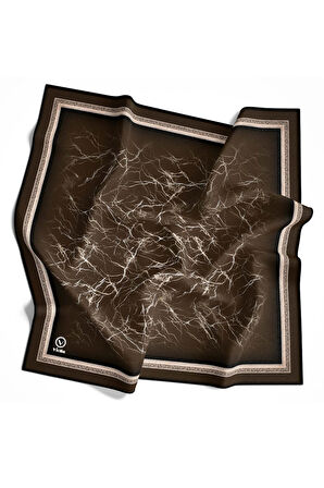 Twill Barok Çerçeveli Mermer Desenli Kahverengi Renkli 90x90 Eşarp (İpek İçermez) Kenar Dikiş Şekli El Dikişli
