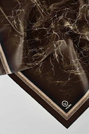 Twill Barok Çerçeveli Mermer Desenli Kahverengi Renkli 90x90 Eşarp (İpek İçermez) Kenar Dikiş Şekli El Dikişli