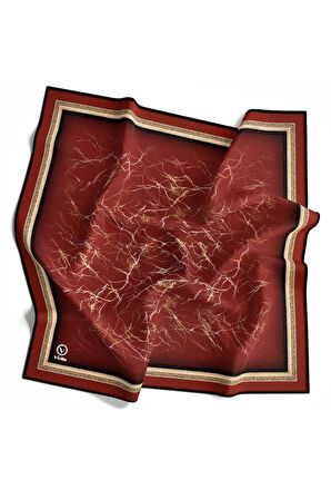 Twill Barok Çerçeveli Mermer Desenli Bordo Renkli 90x90 Eşarp (İpek İçermez) Kenar Dikiş Şekli El Dikişli