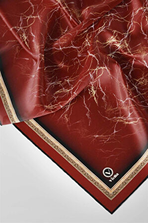 Twill Barok Çerçeveli Mermer Desenli Bordo Renkli 90x90 Eşarp (İpek İçermez) Kenar Dikiş Şekli El Dikişli