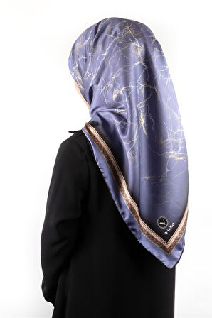 Twill Barok Çerçeveli Mermer Desenli İndigo Renkli 90x90 Eşarp (İpek İçermez) Kenar Dikiş Şekli El Dikişli