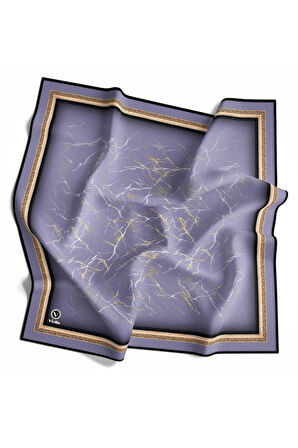 Twill Barok Çerçeveli Mermer Desenli İndigo Renkli 90x90 Eşarp (İpek İçermez) Kenar Dikiş Şekli El Dikişli