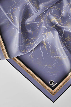 Twill Barok Çerçeveli Mermer Desenli İndigo Renkli 90x90 Eşarp (İpek İçermez) Kenar Dikiş Şekli El Dikişli