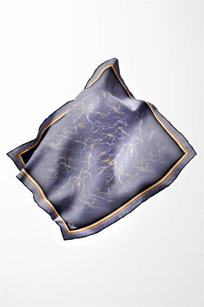 Twill Barok Çerçeveli Mermer Desenli İndigo Renkli 90x90 Eşarp (İpek İçermez) Kenar Dikiş Şekli El Dikişli