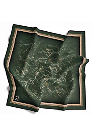 Twill Barok Çerçeveli Mermer Desenli Petrol Yeşili Renkli 90x90 Eşarp (İpek İçermez) Kenar Dikiş Şekli El Dikişli
