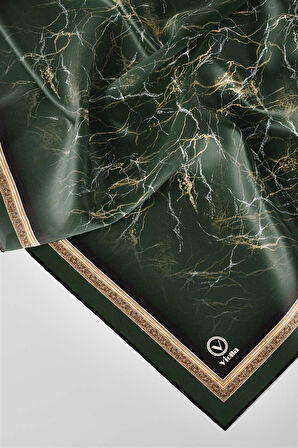 Twill Barok Çerçeveli Mermer Desenli Petrol Yeşili Renkli 90x90 Eşarp (İpek İçermez) Kenar Dikiş Şekli El Dikişli