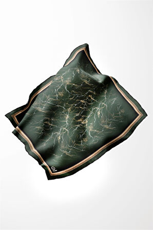 Twill Barok Çerçeveli Mermer Desenli Petrol Yeşili Renkli 90x90 Eşarp (İpek İçermez) Kenar Dikiş Şekli El Dikişli