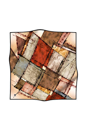 Twil Yamalı Ve Geometrik Desenli Taba Renkli 90x90 Eşarp (İpek İçermez) Dikim Şekli : El Dikişi