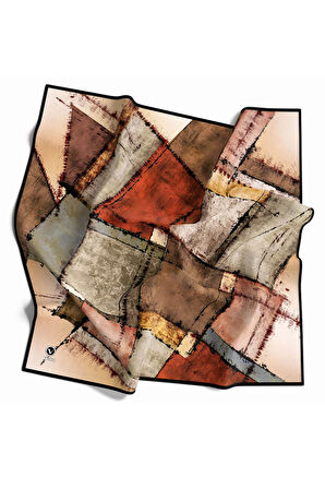 Twil Yamalı Ve Geometrik Desenli Taba Renkli 90x90 Eşarp (İpek İçermez) Dikim Şekli : El Dikişi