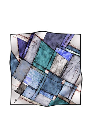 Twil Yamalı Ve Geometrik Desenli Saks Renkli 90x90 Eşarp (İpek İçermez) Dikim Şekli : El Dikişi