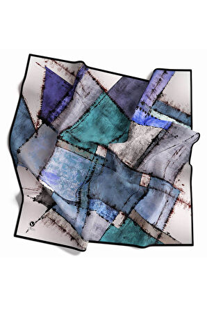 Twil Yamalı Ve Geometrik Desenli Saks Renkli 90x90 Eşarp (İpek İçermez) Dikim Şekli : El Dikişi
