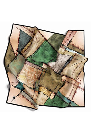 Twil Yamalı Ve Geometrik Desenli Zümrüt Yeşili Renkli 90x90 Eşarp (İpek İçermez) Dikim Şekli : El Dikişi