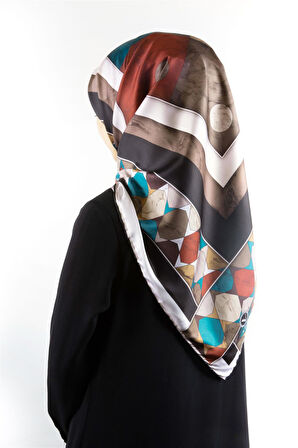Twill Geometrik Mermer Desenli Siyah Renkli 90x90 Eşarp (İpek İçermez) Kenar Dikiş Şekli El Dikişli
