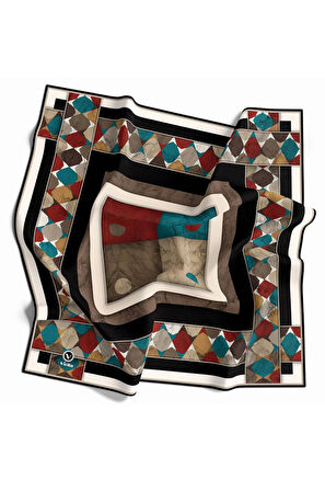 Twill Geometrik Mermer Desenli Siyah Renkli 90x90 Eşarp (İpek İçermez) Kenar Dikiş Şekli El Dikişli