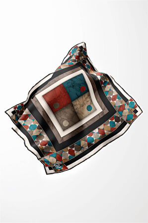 Twill Geometrik Mermer Desenli Siyah Renkli 90x90 Eşarp (İpek İçermez) Kenar Dikiş Şekli El Dikişli