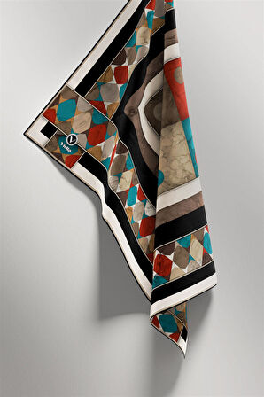 Twill Geometrik Mermer Desenli Siyah Renkli 90x90 Eşarp (İpek İçermez) Kenar Dikiş Şekli El Dikişli