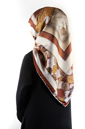 Twill Geometrik Mermer Desenli Taba Renkli 90x90 Eşarp (İpek İçermez) Kenar Dikiş Şekli El Dikişli