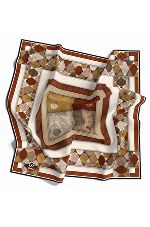 Twill Geometrik Mermer Desenli Taba Renkli 90x90 Eşarp (İpek İçermez) Kenar Dikiş Şekli El Dikişli